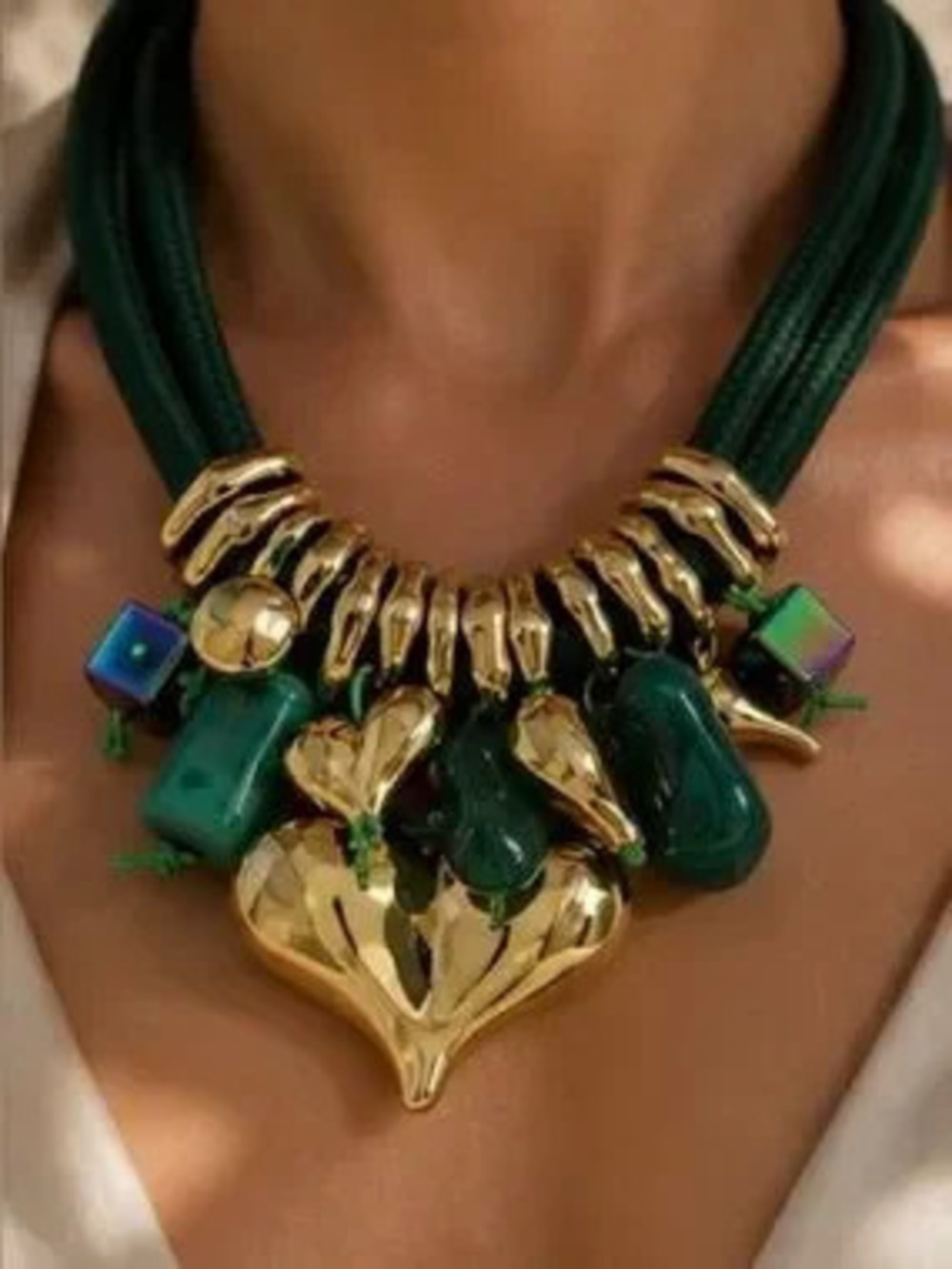 Emerald Green Sculptural Heart Necklace Gold Charm Designer Statement Collar